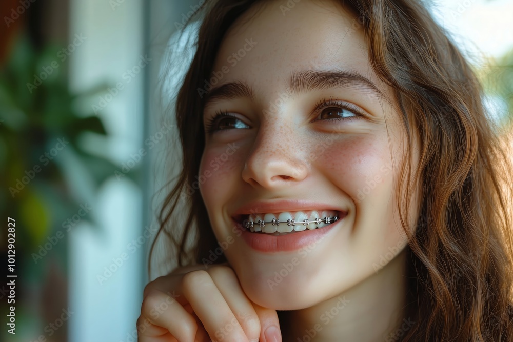 Young woman examining her braces while smiling in a high-quality close-up shot Young woman examining her braces while smiling in a high-quality close-up shot