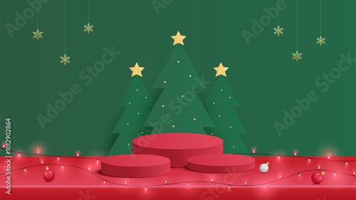 Podium Christmas. Red Podium for product display presentation with christmas tree. Podium platform to show product on green background. Merry Christmas background
