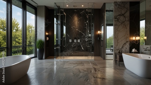 Modern bathroom with two white bathtubs, a walk-in shower, and large windows overlooking a green forest. photo