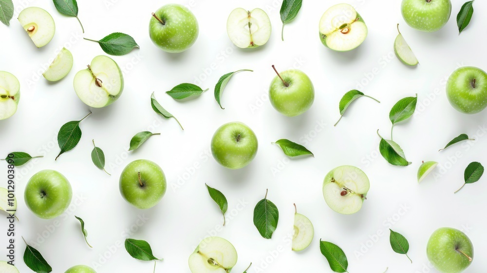 A close up of green apples with leaves scattered around them A close up of green apples with leaves scattered around them