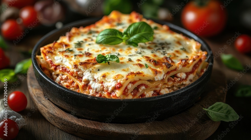 a dish of lasagna on a wooden board a dish of lasagna on a wooden board