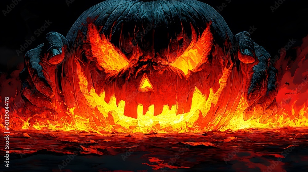 Fototapeta premium Hands delicately carving out a pumpkin's features, close-up vector papercut with a focus on the fine details