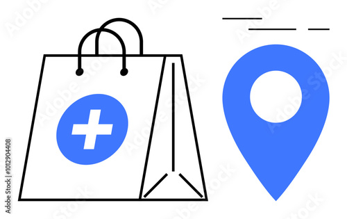 Shopping bag with a medical symbol beside a location pin. Ideal for healthcare, online shopping, pharmacy delivery services, e-commerce, and logistics. Modern minimalist vector style