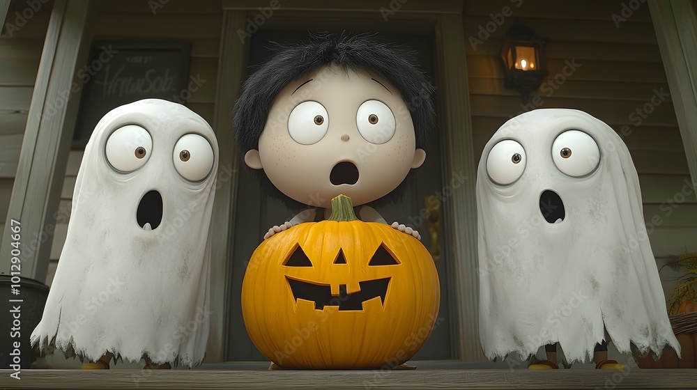 A group of kids dressed as ghosts, vampires, and fairies standing at a front porch waiting for candy, cartoon vector 3D animation A group of kids dressed as ghosts, vampires, and fairies standing at a front porch waiting for candy, cartoon vector 3D animation