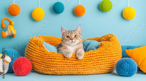 Cute kitty relaxing in a colorful cozy basket, surrounded by playful decorations in a bright setting. Perfect for pet lovers and decor inspiration. photo