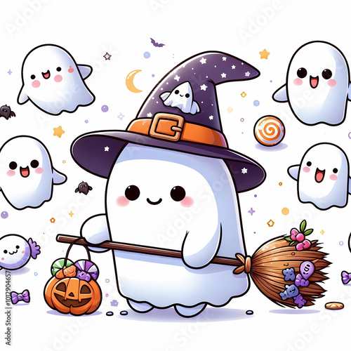 Little ghost Boo Jee wears a witch hat and rides a broom photo