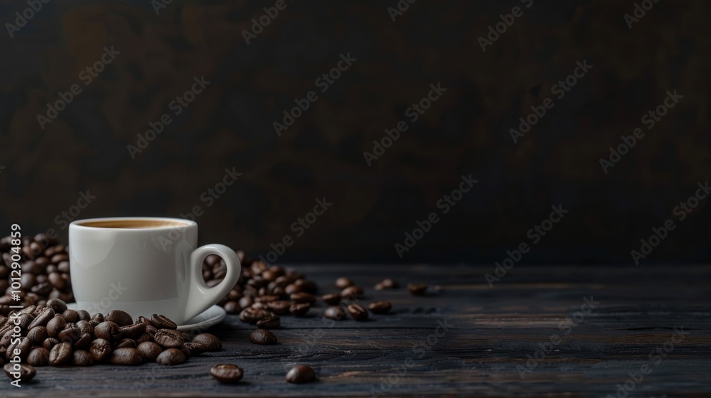 A white coffee cup with a pile of coffee beans on a wooden table A white coffee cup with a pile of coffee beans on a wooden table