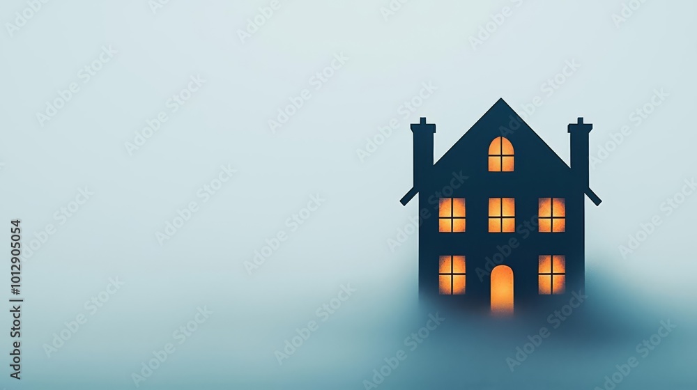Cozy house glowing warmly in the mist, isolated on a blue background. Atmospheric and serene, perfect for winter or holiday themes. Cozy house glowing warmly in the mist, isolated on a blue background. Atmospheric and serene, perfect for winter or holiday themes.