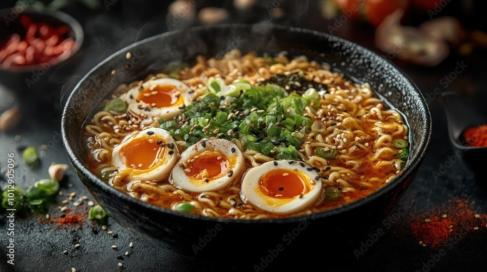 a bowl of ramen with hard boiled eggs and noodles a bowl of ramen with hard boiled eggs and noodles