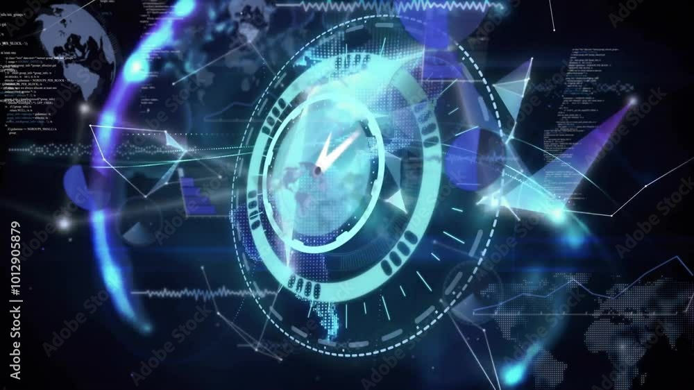 Animation of scope scanning with data processing over globe with connections on black background Animation of scope scanning with data processing over globe with connections on black background