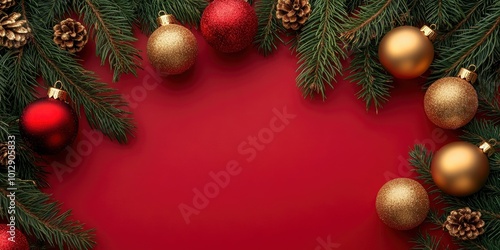 pine tree branches with red and golden christmas balls and pine cone border on red background, Christmas Day, 25 december, 2024