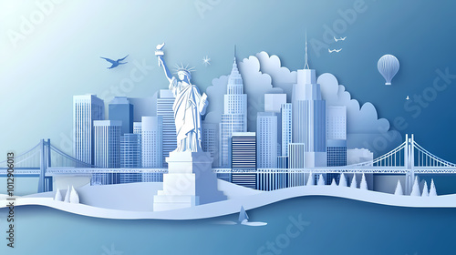 USA travel vector illustration. American city famous landmark background in paper cut art style.