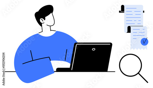 Individual using a laptop sits at a desk focusing on paperwork. Nearby are documents with a checkmark and a magnifying glass. Ideal for productivity, remote work, research, organization, digital