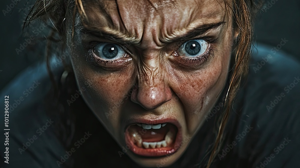 Close-up portrait of a woman with an intense, screaming expression Close-up portrait of a woman with an intense, screaming expression