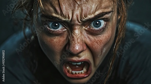 Close-up portrait of a woman with an intense, screaming expression