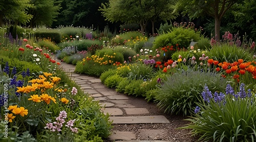 The gravel path curves gracefully through a vibrant garden brimming with a variety of colorful flowers and flourishing greenery. generative.ai