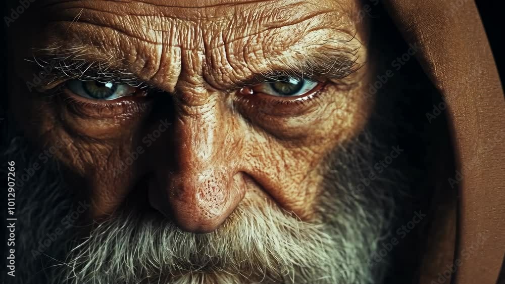 A close-up portrait of an elderly man with a long, white beard, looking intensely at the camera A close-up portrait of an elderly man with a long, white beard, looking intensely at the camera