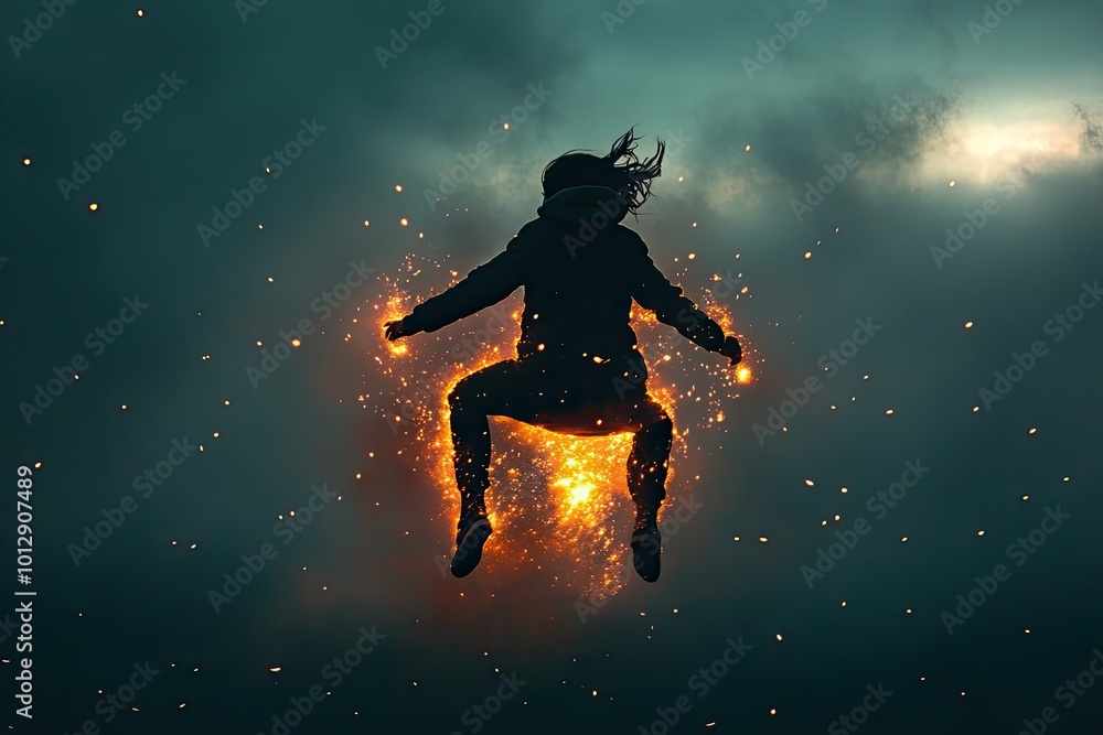 Naklejka premium Silhouette of a Person Leaping Through Sparks Against a Cloudy Sky