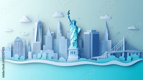 USA travel vector illustration. American city famous landmark background in paper cut art style.