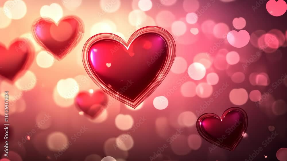 Red hearts float against a pink and red bokeh background Red hearts float against a pink and red bokeh background