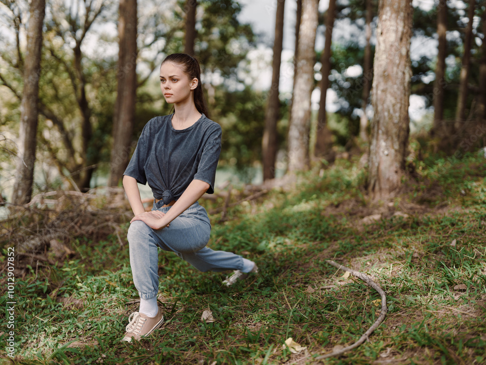 Young woman stretching in a forest, practicing yoga and fitness in nature Healthy lifestyle and wellness concept surrounded by trees and greenery Young woman stretching in a forest, practicing yoga and fitness in nature Healthy lifestyle and wellness concept surrounded by trees and greenery