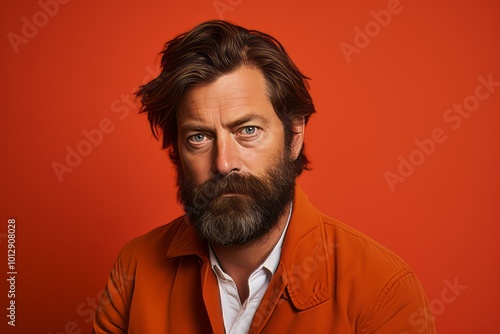 Portrait of a man with a beard on a red background.