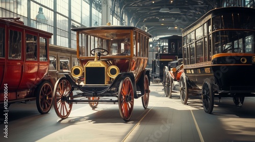 A beautifully restored vintage car displayed in a museum, representing early 20th-century automobile craftsmanship. The light filtering through large windows highlights the elegant design and