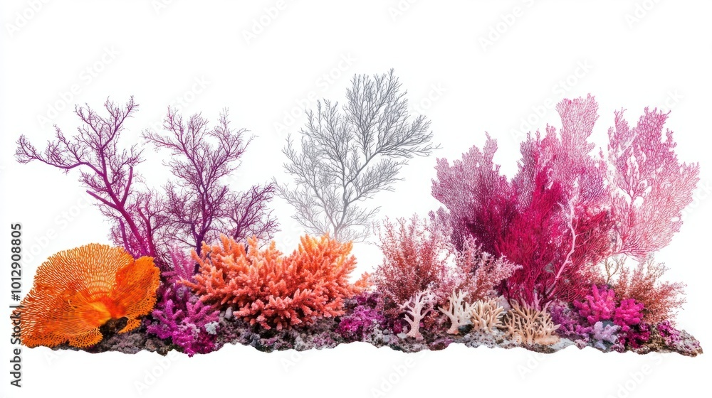 Tropical coral reef habitat with sea fans and vibrant coral, isolated on white Tropical coral reef habitat with sea fans and vibrant coral, isolated on white