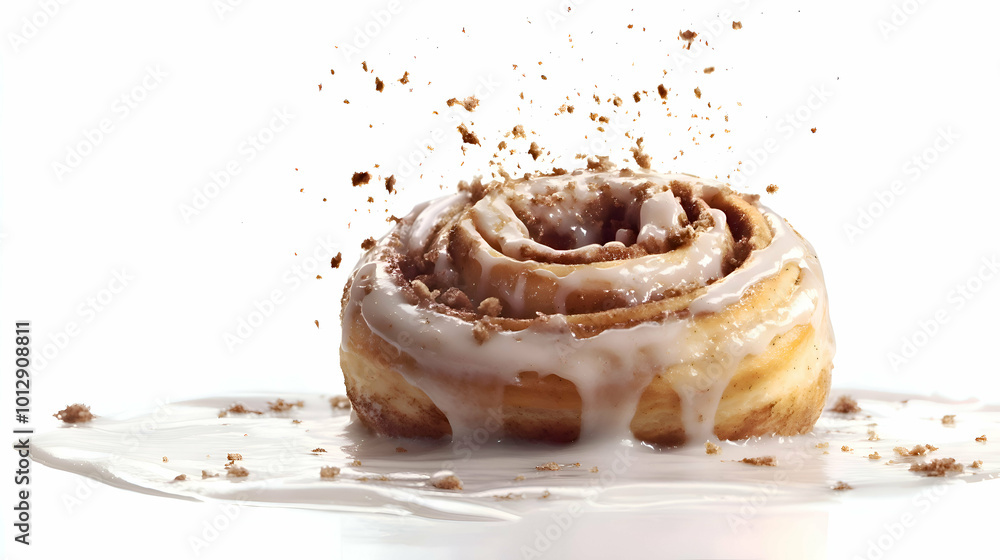 A close-up of a freshly baked cinnamon roll topped with glossy icing, surrounded by falling crumbs. The creamy frosting contrasts beautifully with the soft, swirled pastry against a white background. A close-up of a freshly baked cinnamon roll topped with glossy icing, surrounded by falling crumbs. The creamy frosting contrasts beautifully with the soft, swirled pastry against a white background.