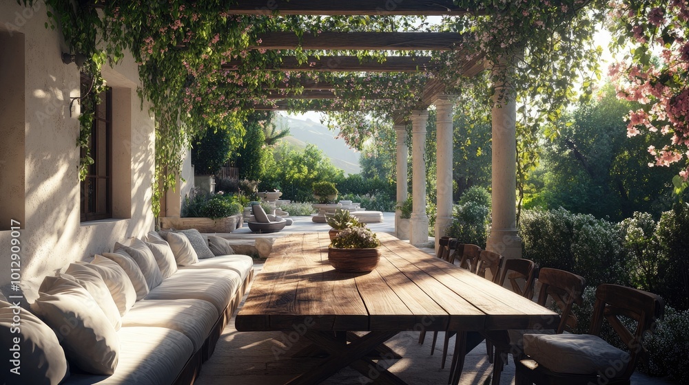 Fototapeta premium A luxurious outdoor dining space with a long