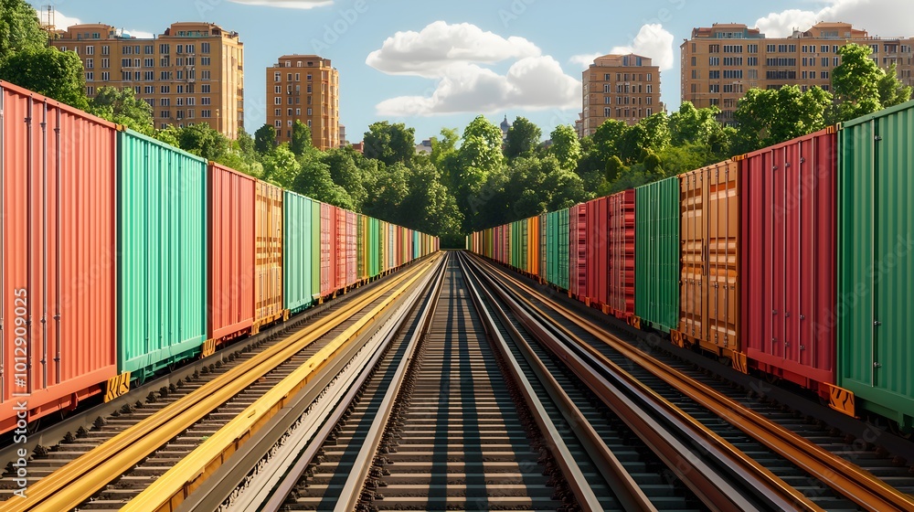 Fototapeta premium Cargo transport on a rail network, containers in transit, industrial landscape, efficient logistics, transportation infrastructure, connectivity.