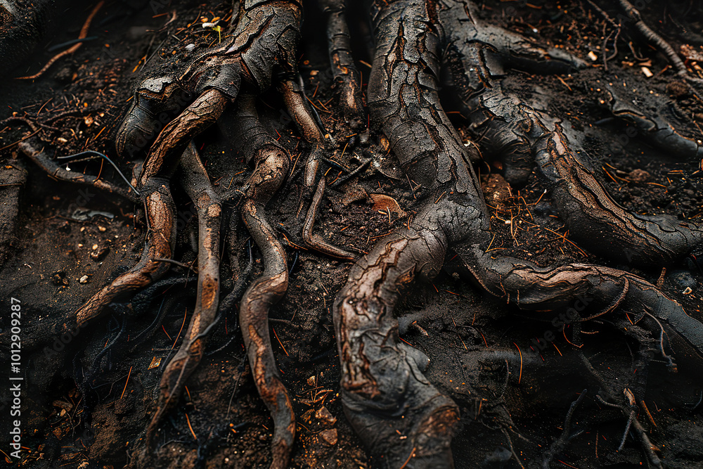 Fototapeta premium A close up of the roots of a tree, with the roots extending deep into the ground.,