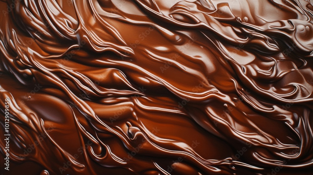 Close-up of rich, melted dark chocolate with smooth, flowing swirls and shiny, reflective surface. Close-up of rich, melted dark chocolate with smooth, flowing swirls and shiny, reflective surface.