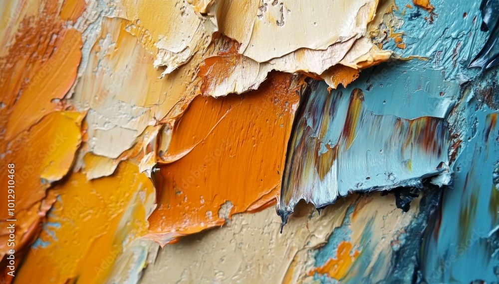 Close-up of textured, abstract oil painting with thick brushstrokes in yellow, orange, and blue hues. Close-up of textured, abstract oil painting with thick brushstrokes in yellow, orange, and blue hues.