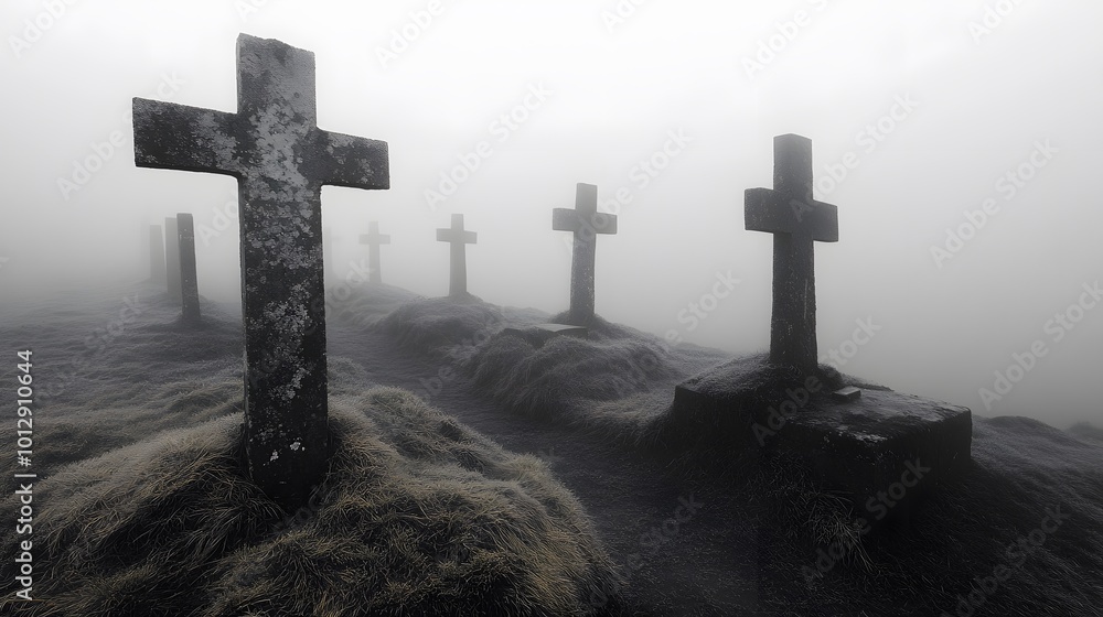 A row of weathered crosses in a fog-filled graveyard, the outlines of the graves barely visible through the thick mist A row of weathered crosses in a fog-filled graveyard, the outlines of the graves barely visible through the thick mist