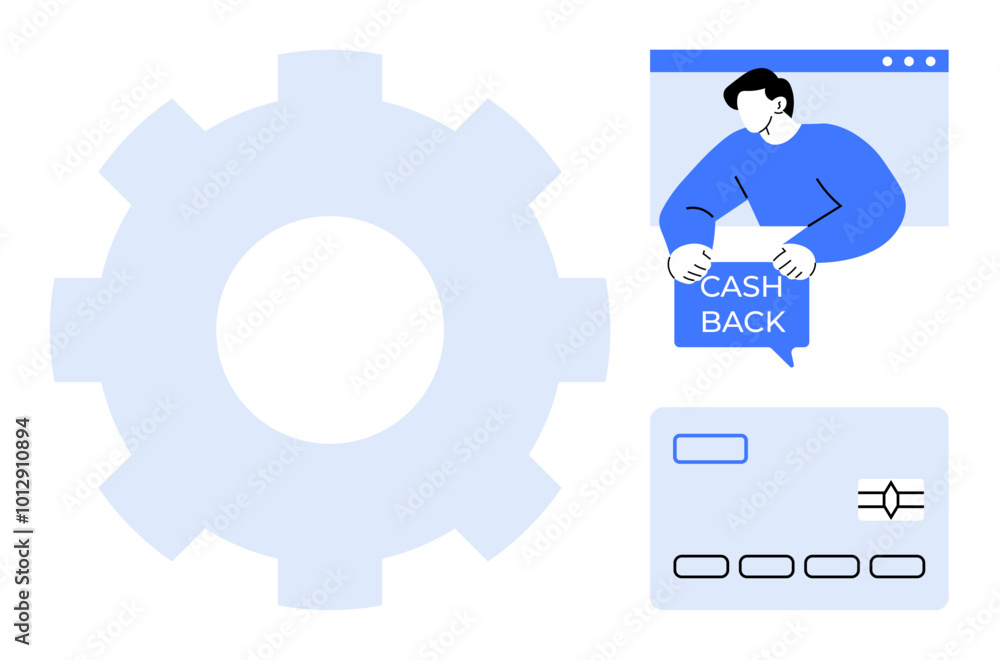 Image with gear shape, person holding cash back sign, and credit card. Ideal for financial services, technology integration, rewards programs, digital marketing, user interface. Modern simple vector Image with gear shape, person holding cash back sign, and credit card. Ideal for financial services, technology integration, rewards programs, digital marketing, user interface. Modern simple vector