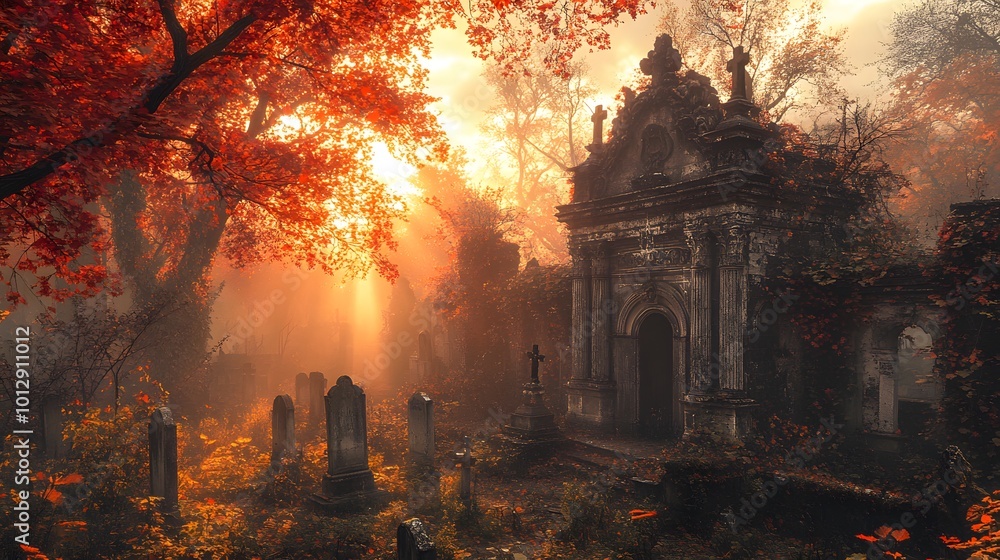 A spooky, atmospheric shot of an old, abandoned graveyard at dawn, with mist rising from the ground and the first light breaking through A spooky, atmospheric shot of an old, abandoned graveyard at dawn, with mist rising from the ground and the first light breaking through