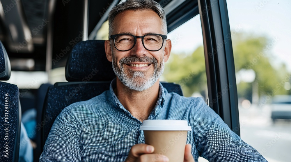 Happy Man Enjoying Coffee on a Bus Journey Happy Man Enjoying Coffee on a Bus Journey