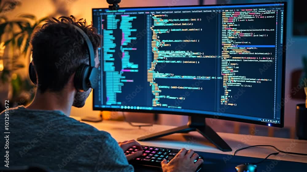 A programmer works late into the night, coding in a dimly lit room A programmer works late into the night, coding in a dimly lit room
