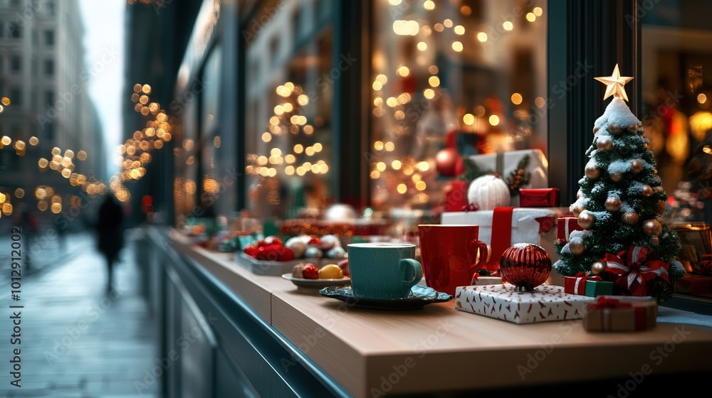 Festive holiday display with decorated table, gifts, and seasonal decor. Festive holiday display with decorated table, gifts, and seasonal decor.