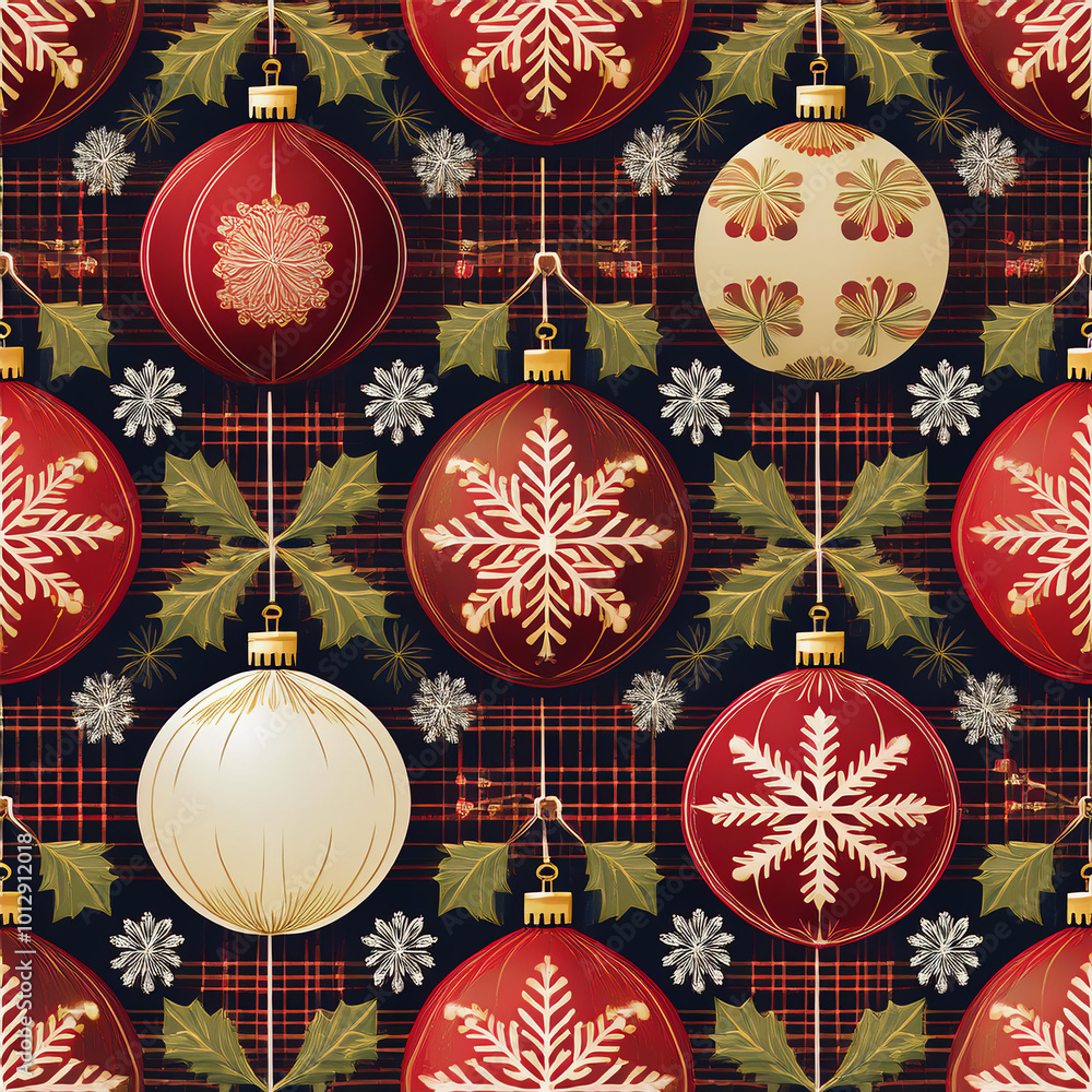 Festive ornaments with snowflakes and holly on plaid background Festive ornaments with snowflakes and holly on plaid background