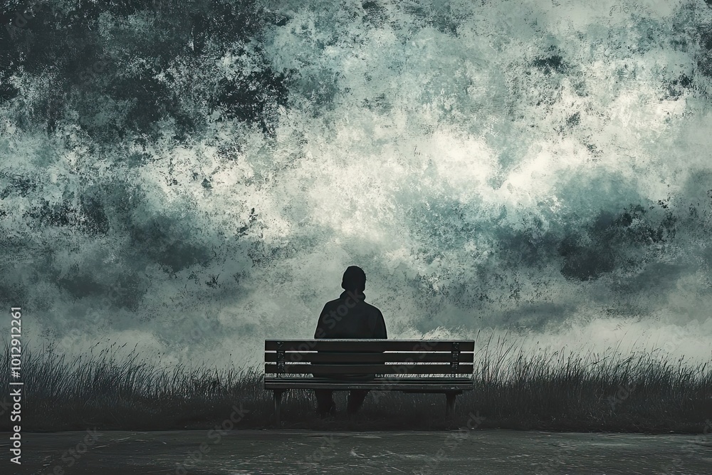 Solitary Figure on a Bench Against a Stormy Sky Solitary Figure on a Bench Against a Stormy Sky