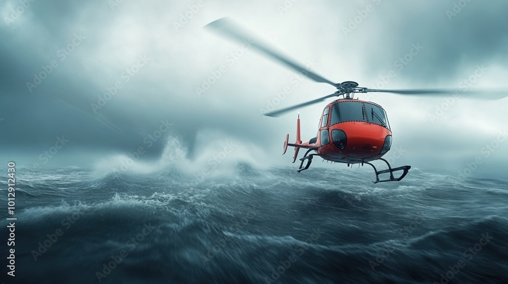 Helicopter flying over turbulent ocean waters during stormy weather. Helicopter flying over turbulent ocean waters during stormy weather.