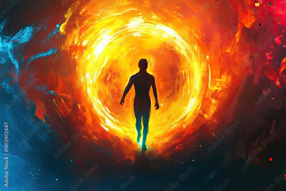 Silhouette of a Person Walking Towards a Glowing, Swirling, Circular Portal Silhouette of a Person Walking Towards a Glowing, Swirling, Circular Portal
