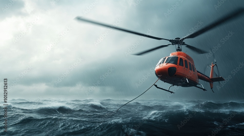 Helicopter flying over turbulent sea during stormy weather Helicopter flying over turbulent sea during stormy weather