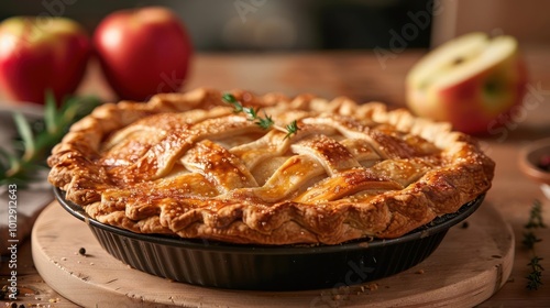 a pie sitting on top of a wooden table