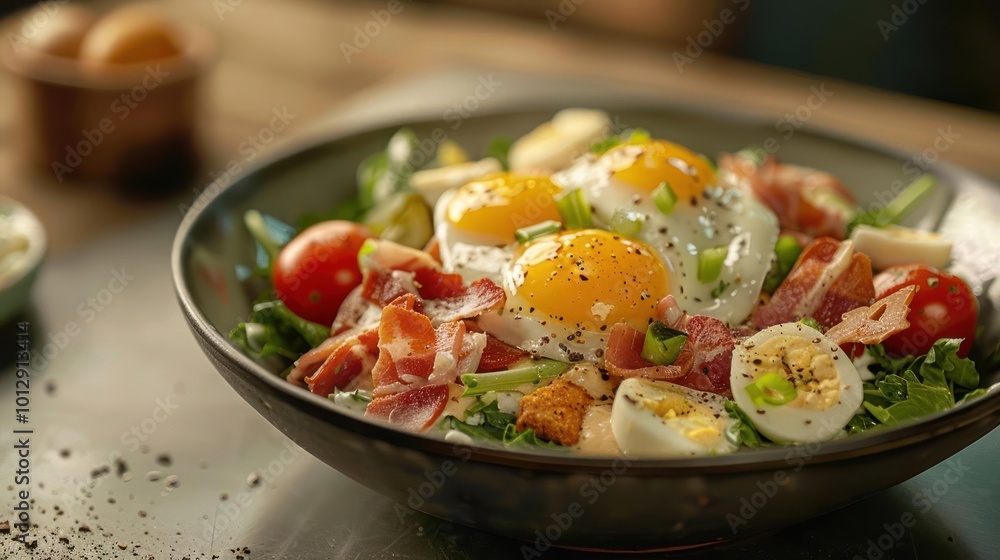 a salad with eggs and bacon in a bowl a salad with eggs and bacon in a bowl