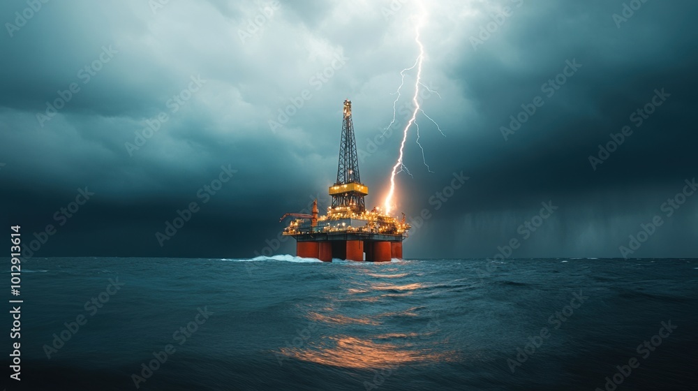 Obraz premium Oil rig under stormy sky with lightning striking, dramatic ocean scene.