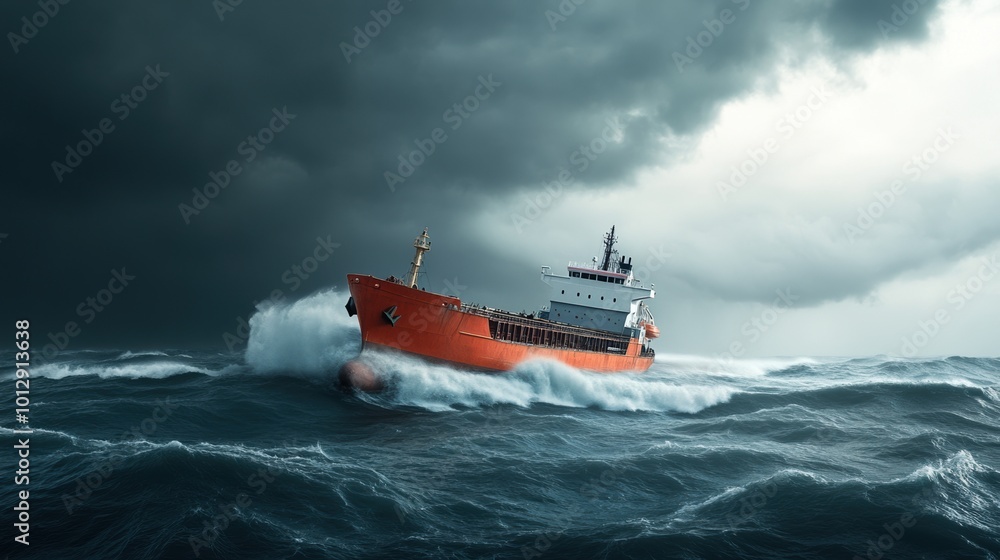 Naklejka premium Orange cargo ship navigating turbulent seas under dark storm clouds.