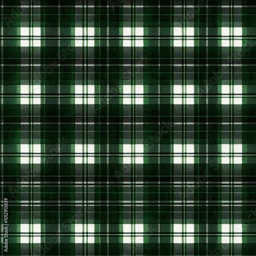 A green and white plaid textile pattern featuring regular squares and lines, often used in fashion and home decor.